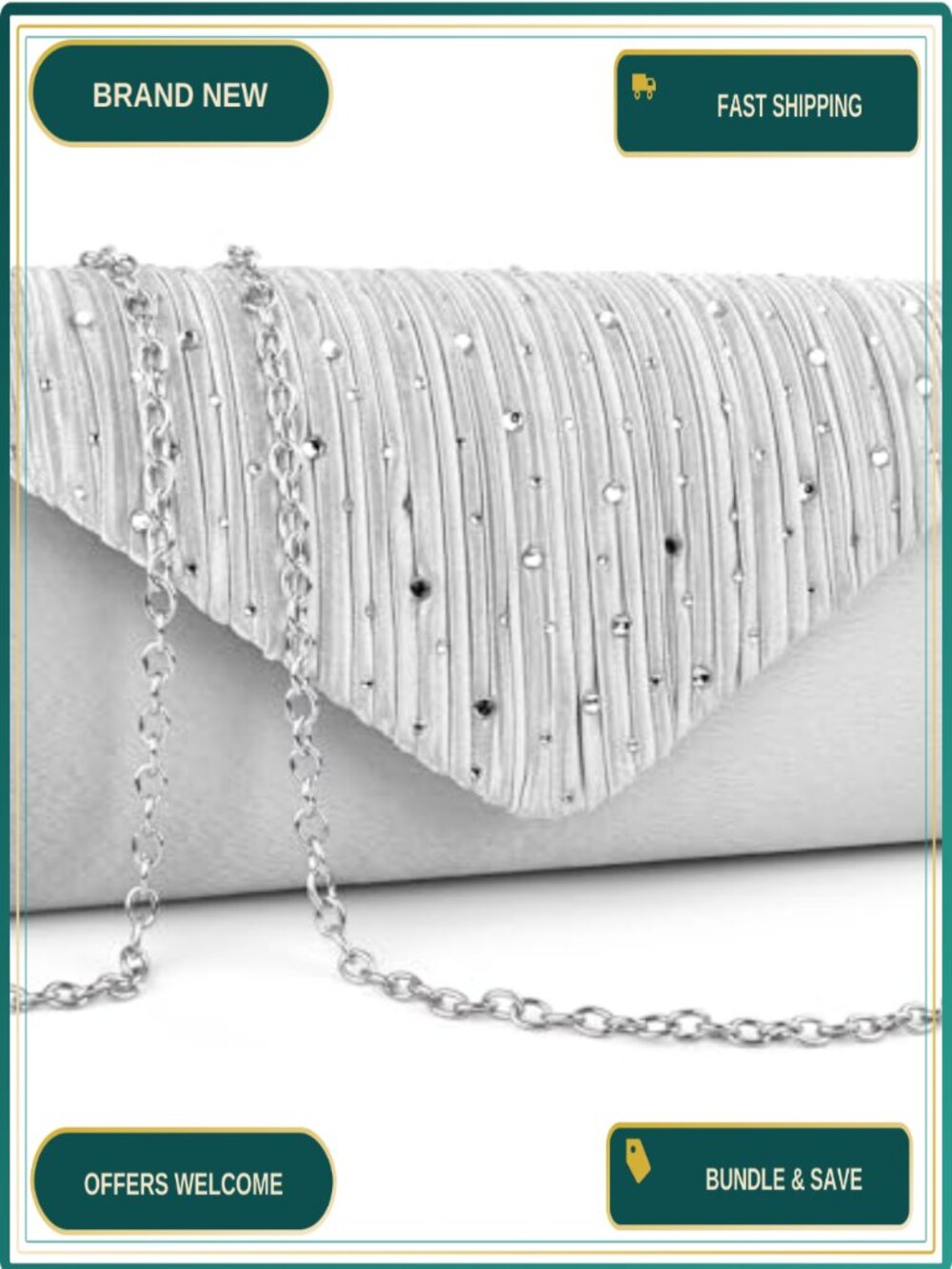 Satin Envelope Evening Clutch with Rhinestones & Chain